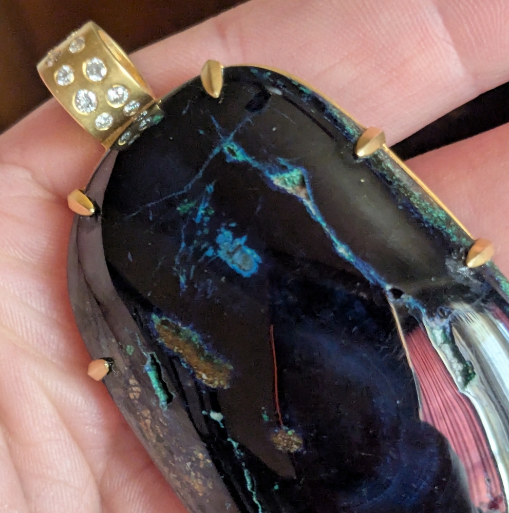Amazing 10k Yellow Gold Diamond Bail Azurite Blue Gemstone Huge Pendant OOAK - Picture 9 of 16